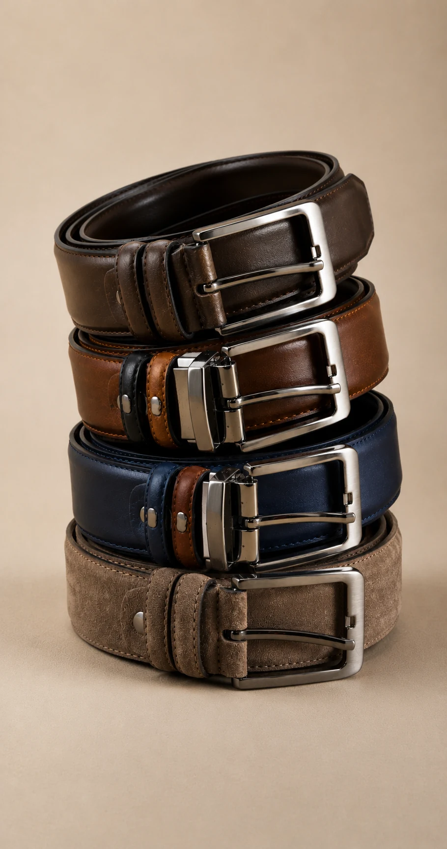 A stack of four coiled leather belts in brown, cognac, navy and taupe suede